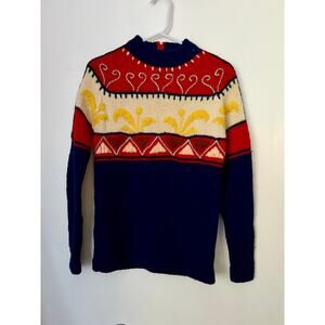 Vintage 60’s Fully Fashioned Blue Red Knit Wool Winter Sweater Small Med Granny